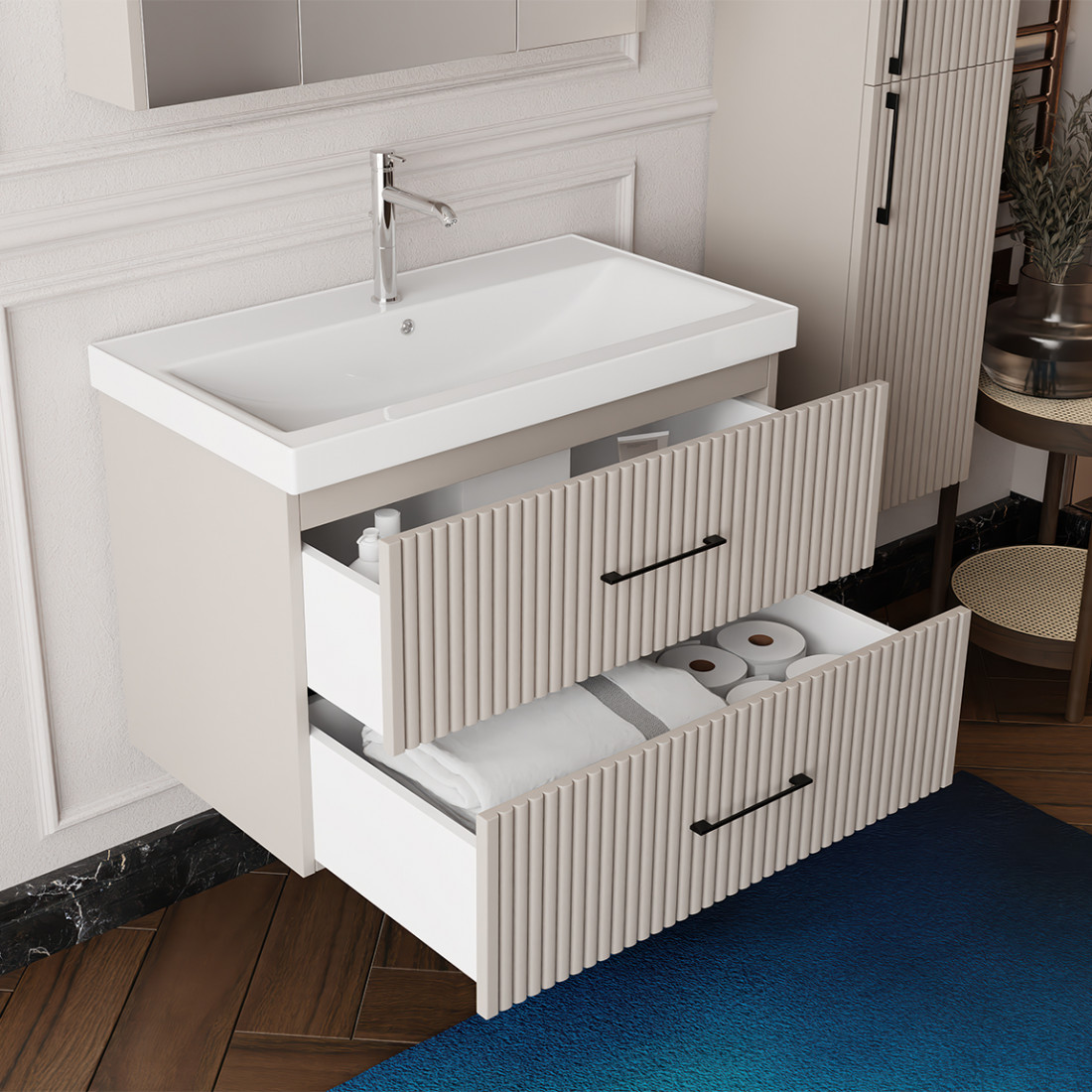 Ensemble salle de bain Liana 80 cm 3 pièces vasque céramique miroir armoire