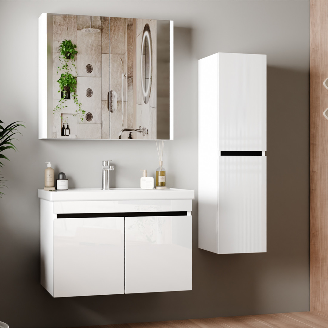 Meuble de salle de bain Venus 80 cm – Ensemble 3 pièces anthracite avec vasque céramique, armoire miroirVenus 80 cm