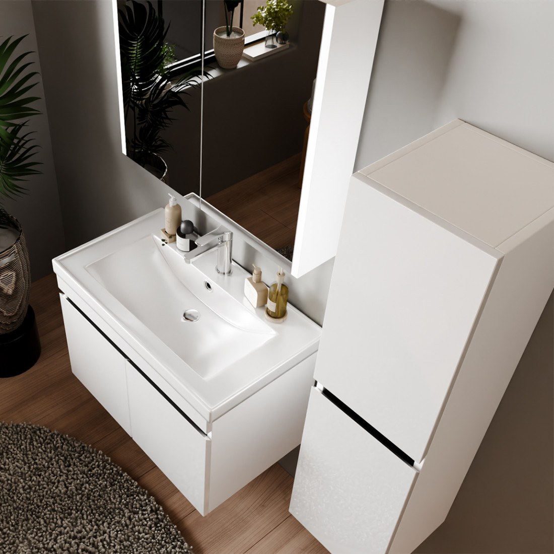 Meuble de salle de bain Venus 80 cm – Ensemble 3 pièces anthracite avec vasque céramique, armoire miroirVenus 80 cm