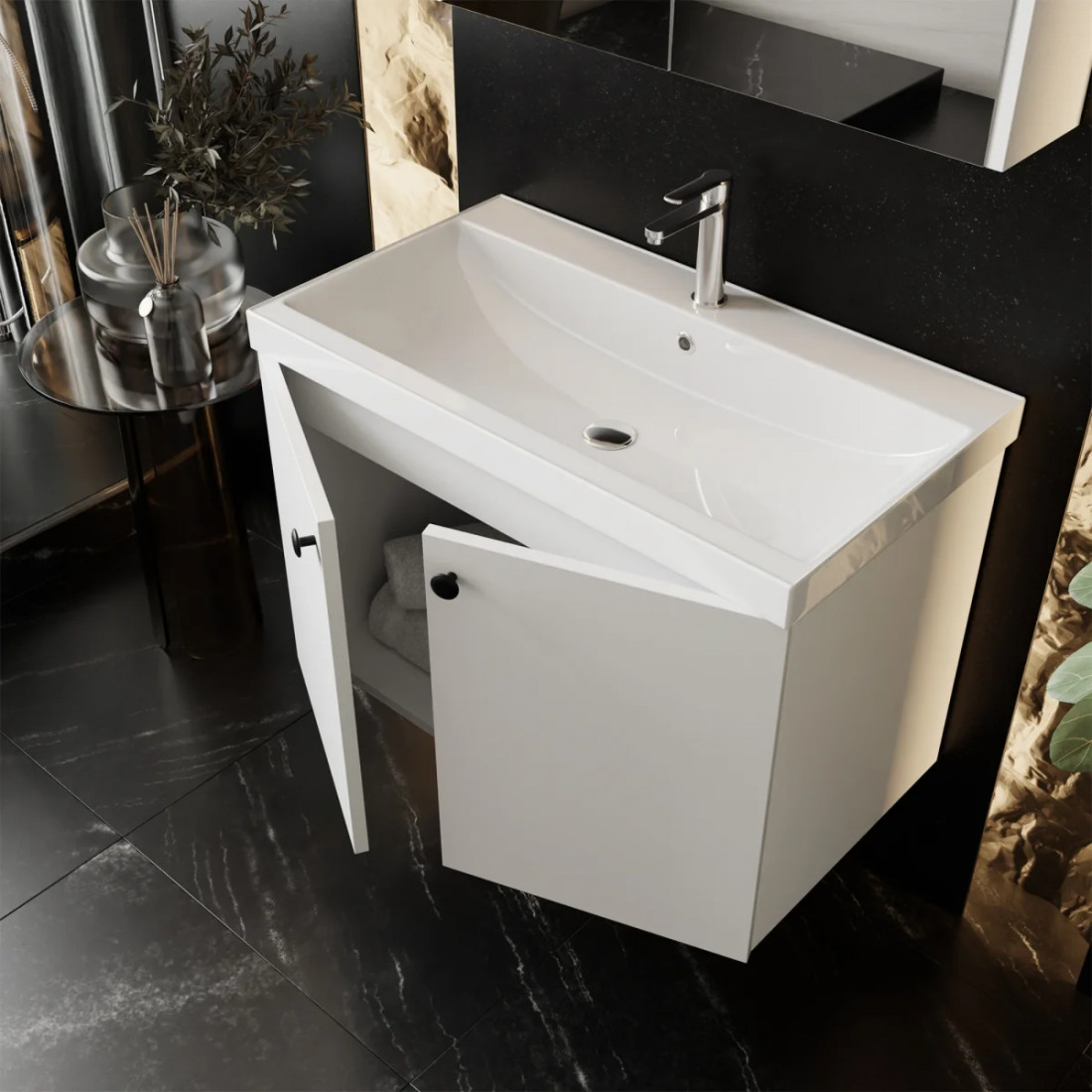 Meuble de salle de bain Mimoza 80 cm – Ensemble 3 pièces anthracite avec vasque céramique, armoire miroir