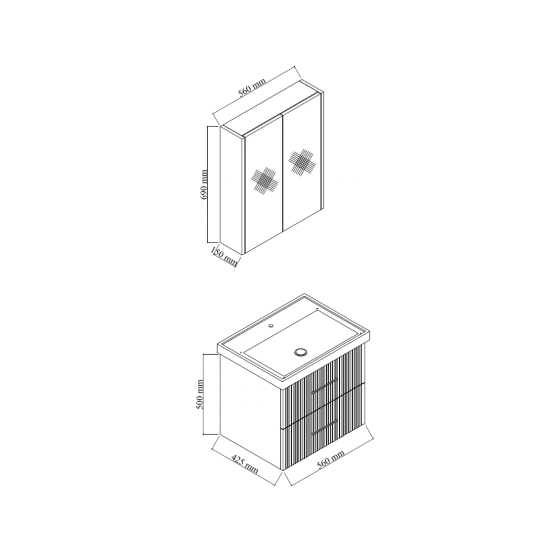 Meuble de salle de bain Liana 60 cm – Ensemble 3 pièces anthracite avec vasque céramique, armoire miroir