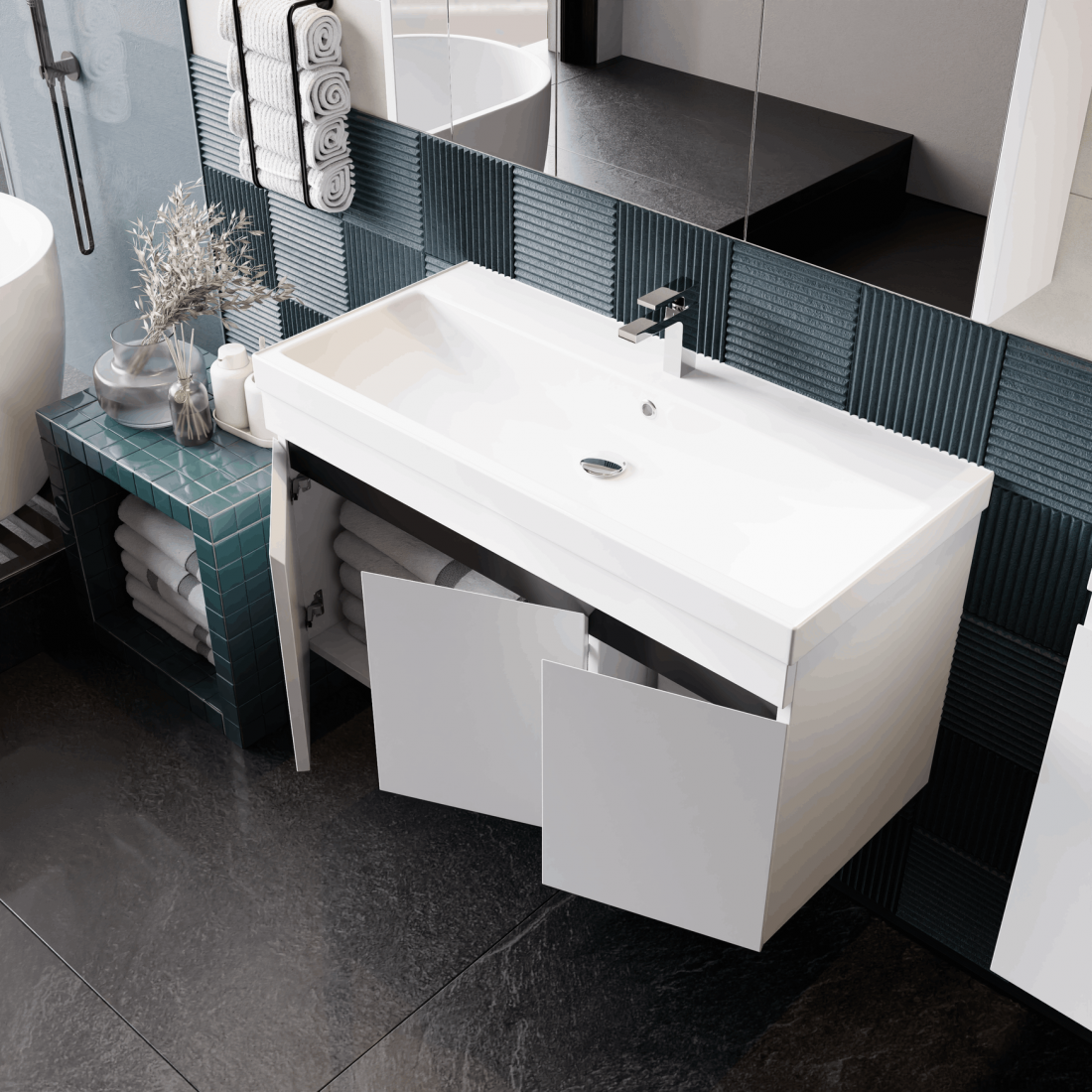 Meuble de salle de bain Venus 100 cm – Ensemble 3 pièces anthracite avec vasque céramique, armoire miroir