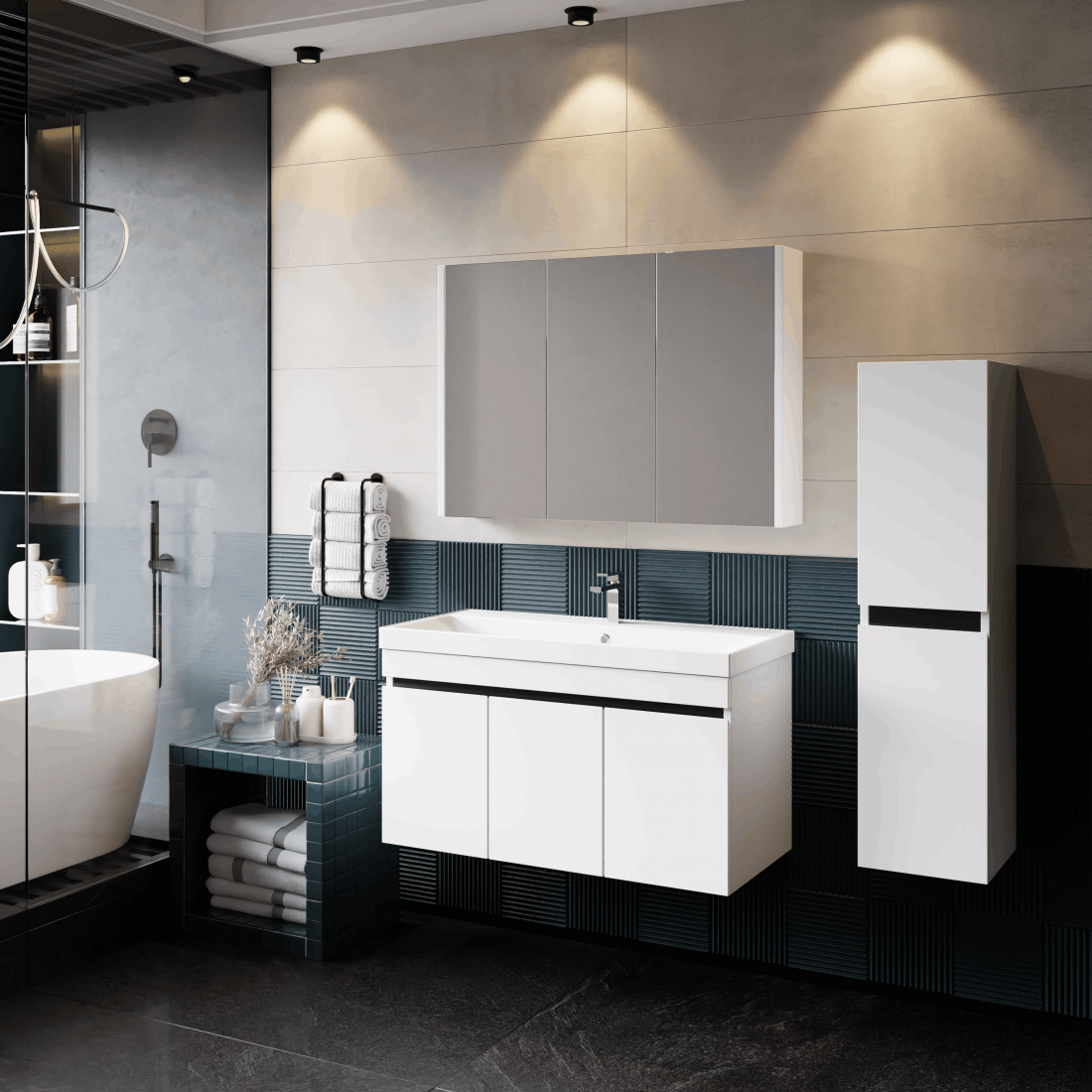 Meuble de salle de bain Venus 100 cm – Ensemble 3 pièces anthracite avec vasque céramique, armoire miroir
