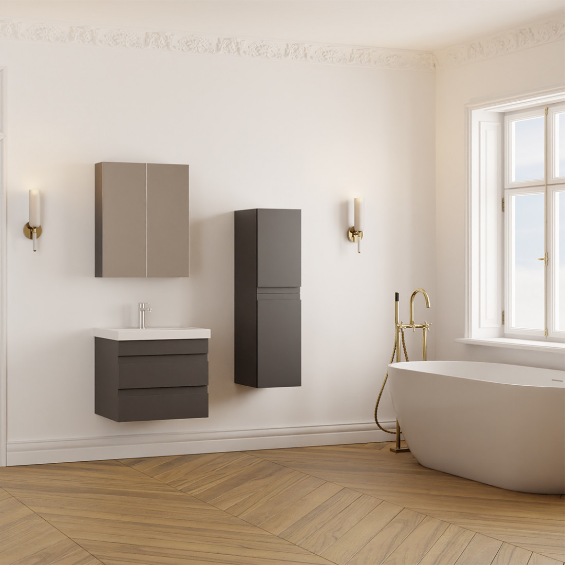 Meuble de salle de bain Lara 60 cm – Ensemble 3 pièces anthracite avec vasque céramique, armoire miroir