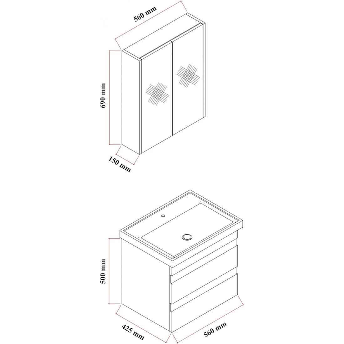 Meuble de salle de bain Lara 60 cm – Ensemble 3 pièces anthracite avec vasque céramique, armoire miroir