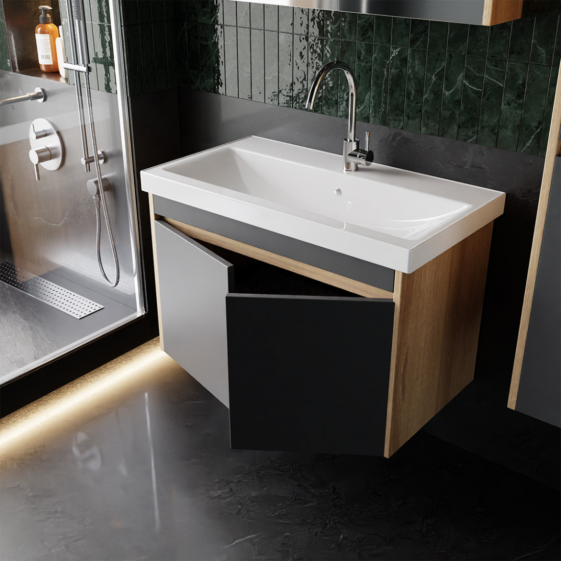 Meuble de salle de bain Dallas 80 cm 4 pièces anthracite vasque miroir colonne