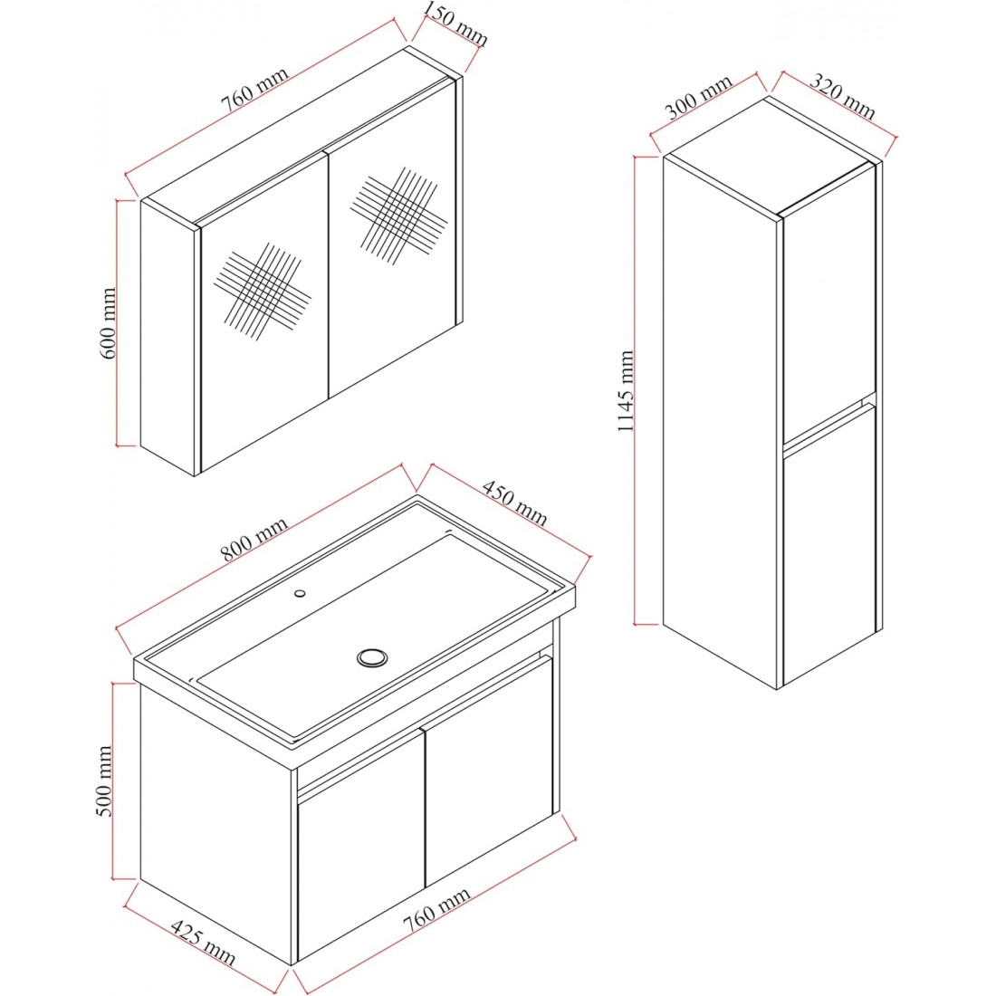 Meuble de salle de bain Dallas 80 cm 4 pièces anthracite vasque miroir colonne