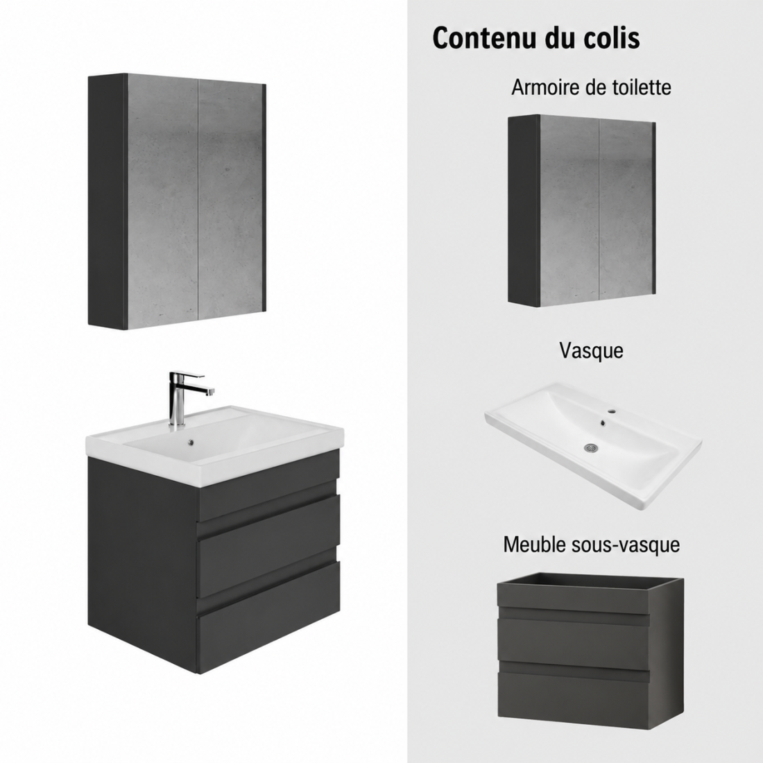 Meuble de salle de bain Lara 60 cm – Ensemble 3 pièces anthracite avec vasque céramique, armoire miroir