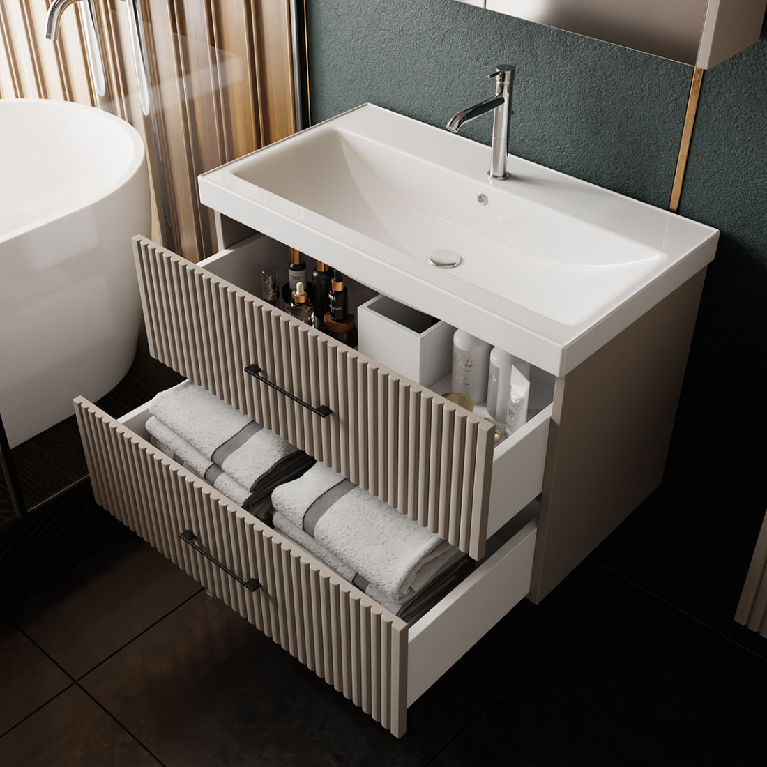 Ensemble salle de bain Liana 80 cm 3 pièces vasque céramique miroir armoire