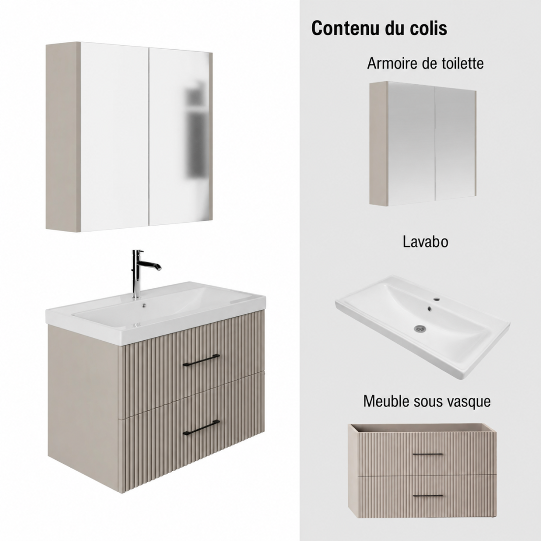 Ensemble salle de bain Liana 80 cm 3 pièces vasque céramique miroir armoire