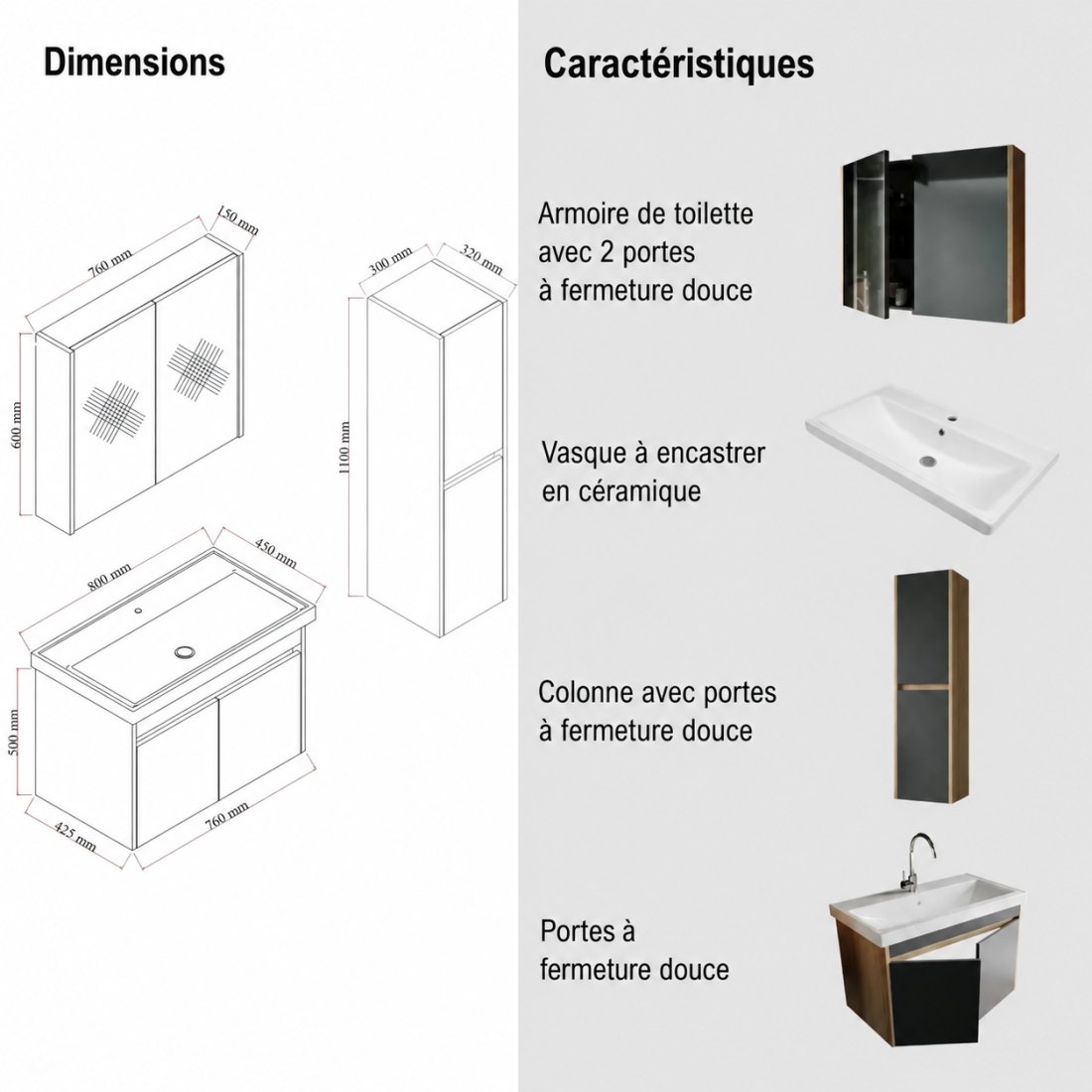 Meuble de salle de bain Dallas 80 cm 4 pièces anthracite vasque miroir colonne