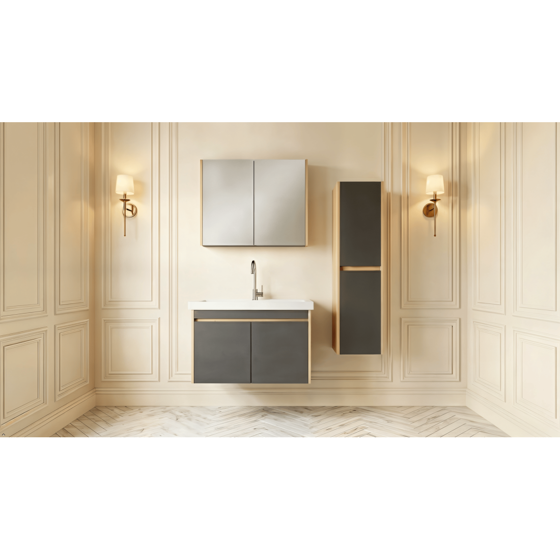 Meuble de salle de bain Dallas 80 cm 4 pièces anthracite vasque miroir colonne