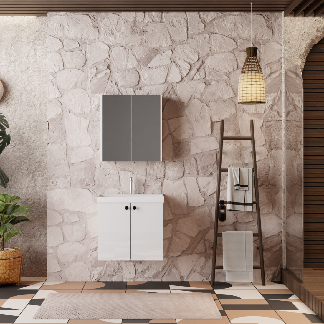 Meuble de salle de bain Mimoza 60 cm – Ensemble 3 pièces anthracite avec vasque céramique, armoire miroir
