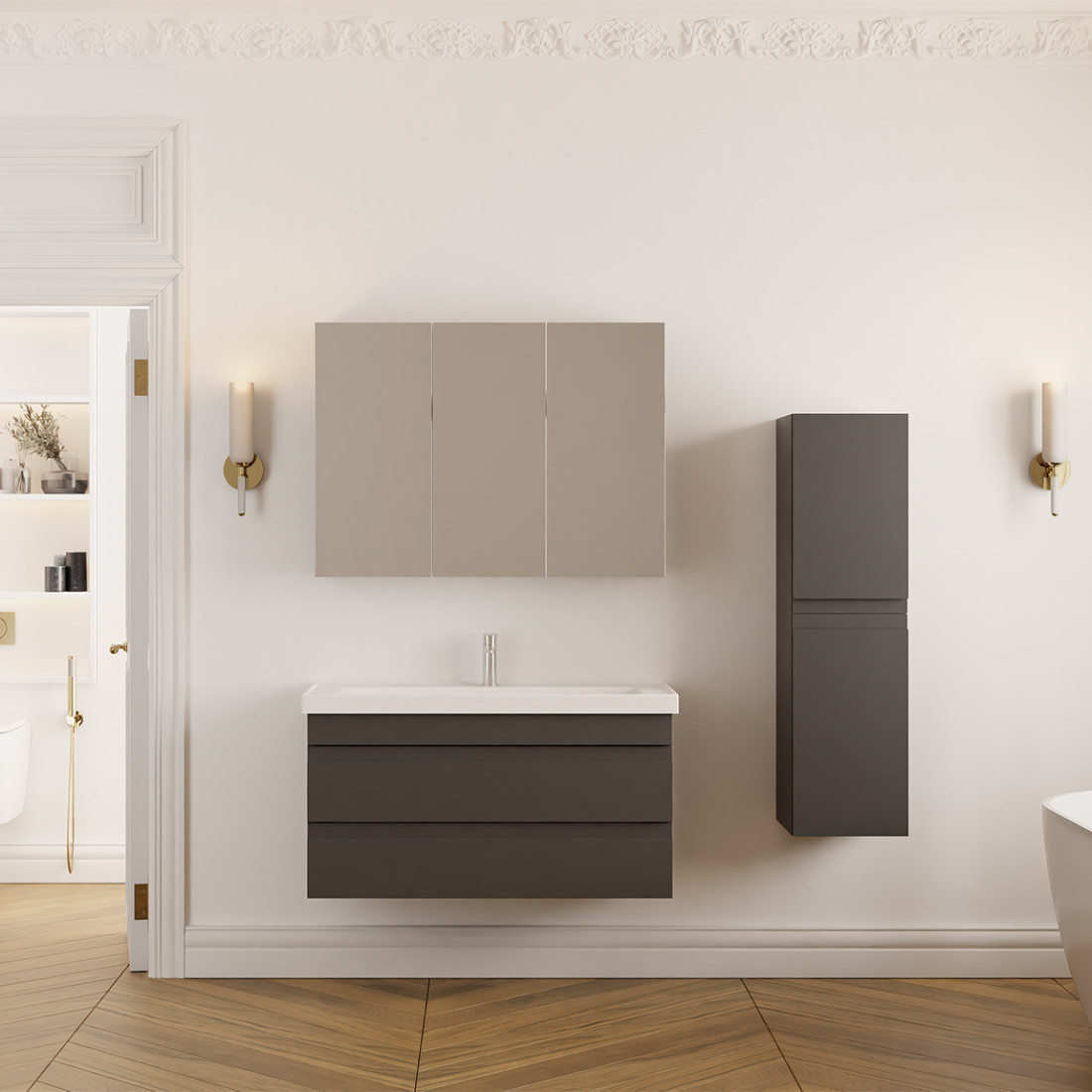 Ensemble salle de bain Lara 100 cm 3 pièces anthracite vasque céramique miroir