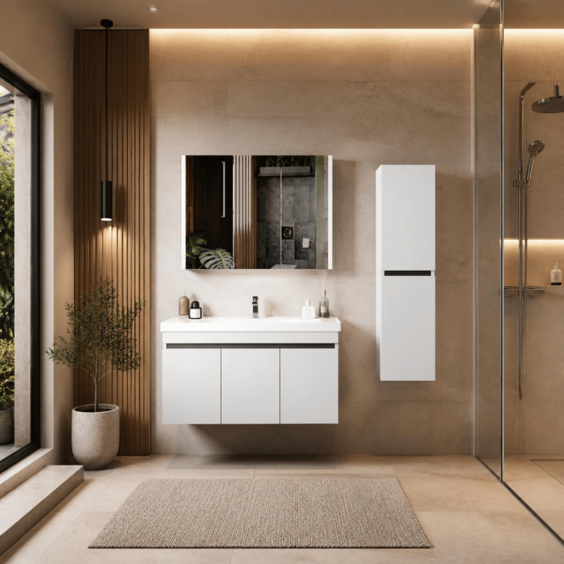 Meuble de salle de bain Venus 100 cm – Ensemble 3 pièces anthracite avec vasque céramique, armoire miroir